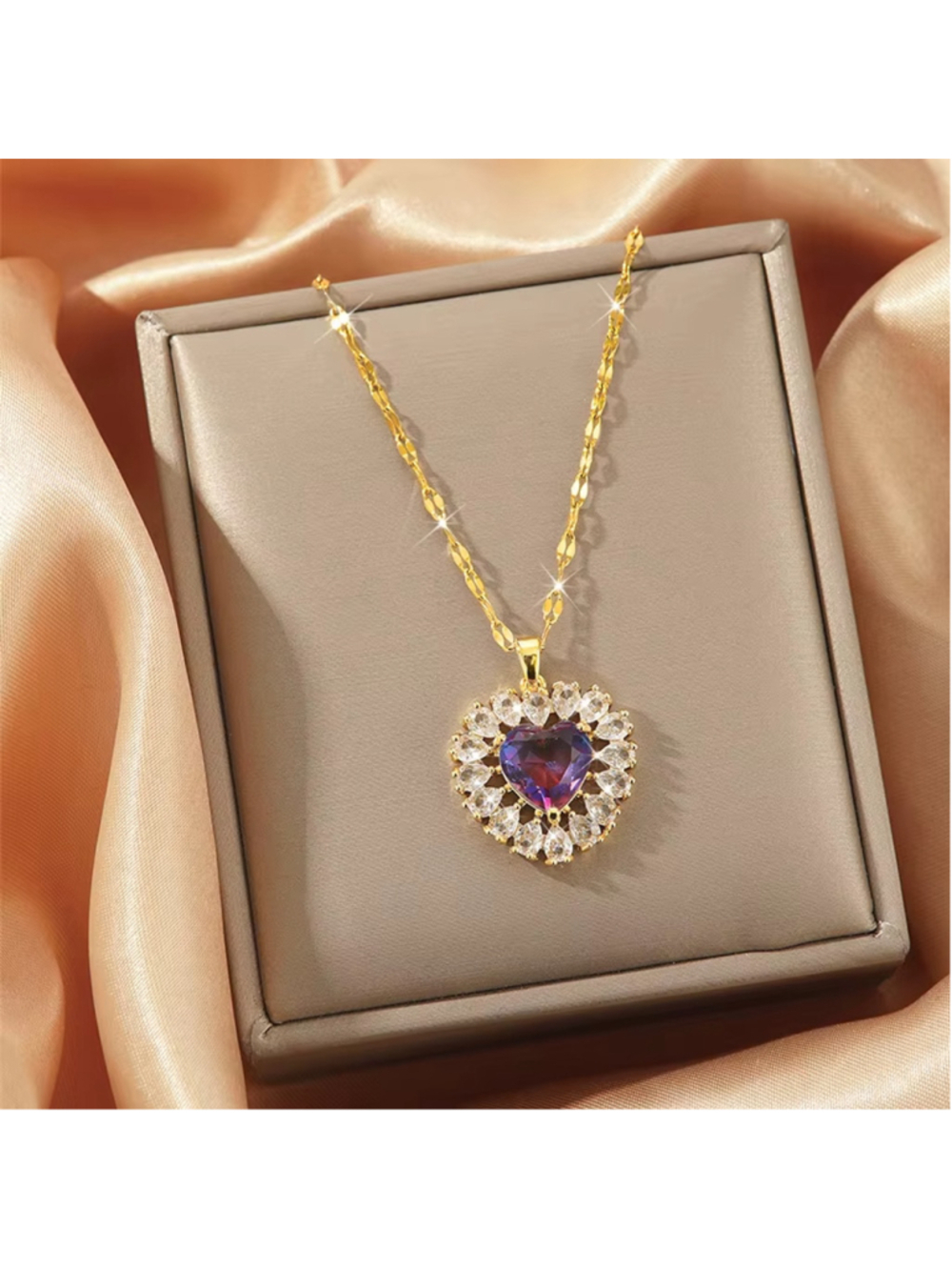 Gold & Purple Heart Pendant Necklace w/ Crystal Cubic Zirconia Stones NWT